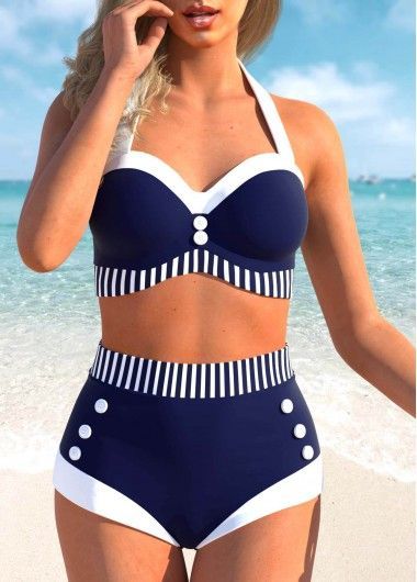 Size:S;Size:M;Size:L;Size:XL;Size:XXL;Size:XS;Color:Navy;Support:Underwire;Strap Style:Unadjustable;Pad Style:Unmovable;Decoration:Decorative Button;Pattern Type:Stripe;Neckline:Halter;Waist Type:High Waist;Bottom Type:Panty;Season:Summer;Style:Vacation;Occasion:Sport;Color Scheme:Blue;Package Contents:1 X Bra , 1 X Panty;Washing Instructions:Hand Wash;Composition:82% Polyester, 18% Spandex;Bra Style:Padded; Navy Blue Bikinis, Retro Swimsuit, Swim Dress, Bra Styles, Swimwear Fashion, Navy Stripes, Stripe Print, Bathing Suit, Bathing Suits