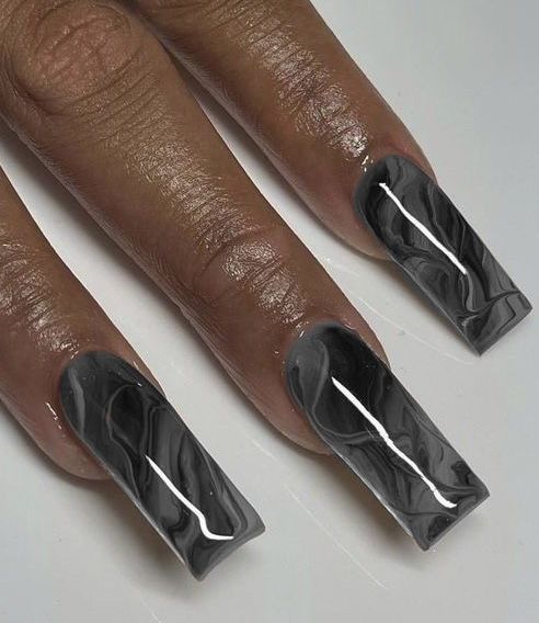 Black Acrylic Nails Marble, Goth Marble Nails, Black Nail Inspo Acrylic Medium, Black And White Marble Nails Short, Short Black Marble Nails, Black Medium Square Nails, Black And Silver Marble Nails, Grey Short Nail Designs, Black And White Marble Nail Designs