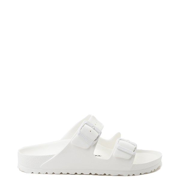 Womens Birkenstock Arizona EVA Sandal - White | Journeys Trendy Adjustable Strap Sport Sandals For Vacation, Trendy Sport Sandals With Adjustable Strap For Vacation, White Double Strap Footbed Sandals For Beach, Trendy Double Strap Footbed Sandals For Vacation, Cushioned Footbed Synthetic Sandals For Beach, Trendy Double Strap Footbed Sandals For Beach, Comfortable Double Strap Sandals For Vacation, White Adjustable Sport Sandals For Beach, White Adjustable Sandals For Pool