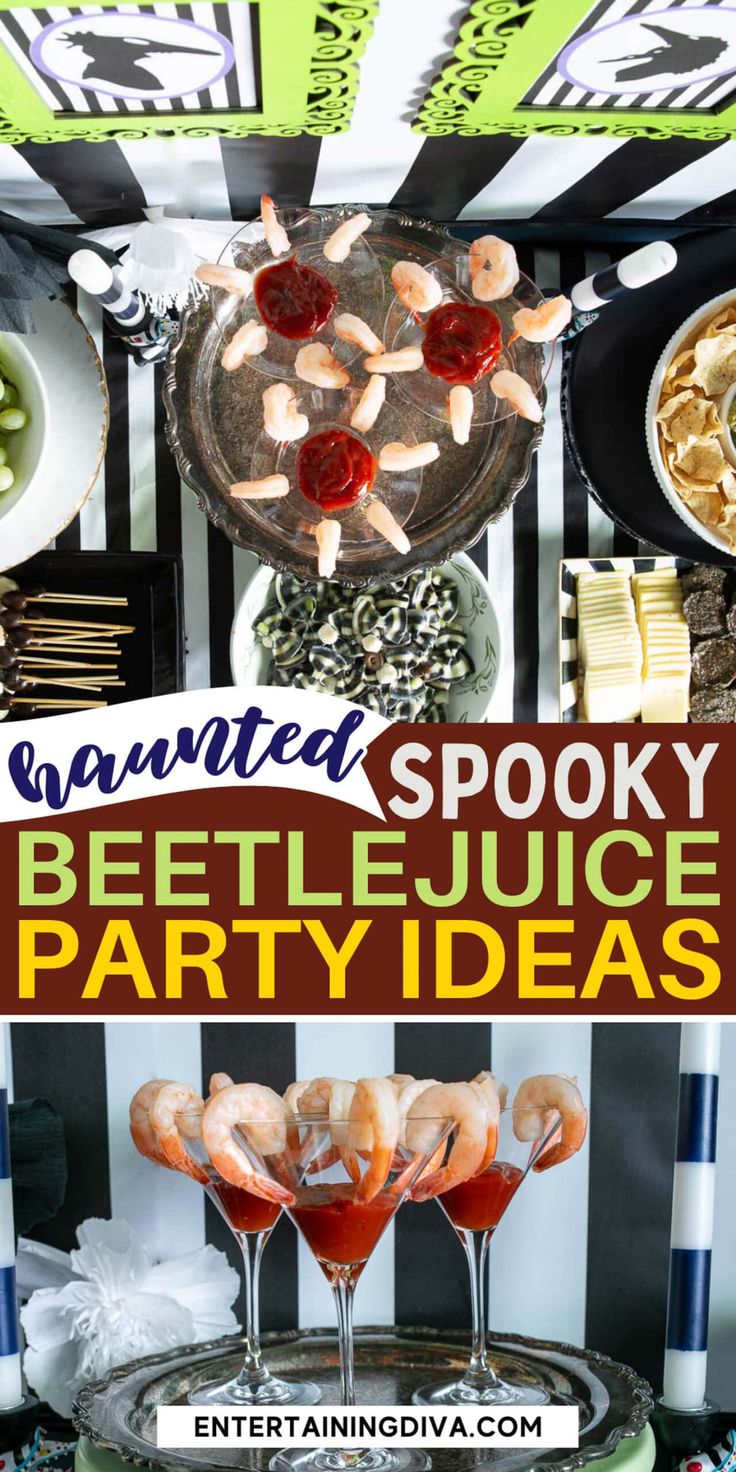 Haunted Spooky Beetlejuice Party Ideas Beetlejuice Recipe, Beetlejuice Themed Food, Beetlejuice Dinner Party, Beetlejuice Party Food, Beetlejuice Party Ideas, Beetlejuice Decor, Beetlejuice Party, Beetlejuice Wedding, Party Ideas Halloween