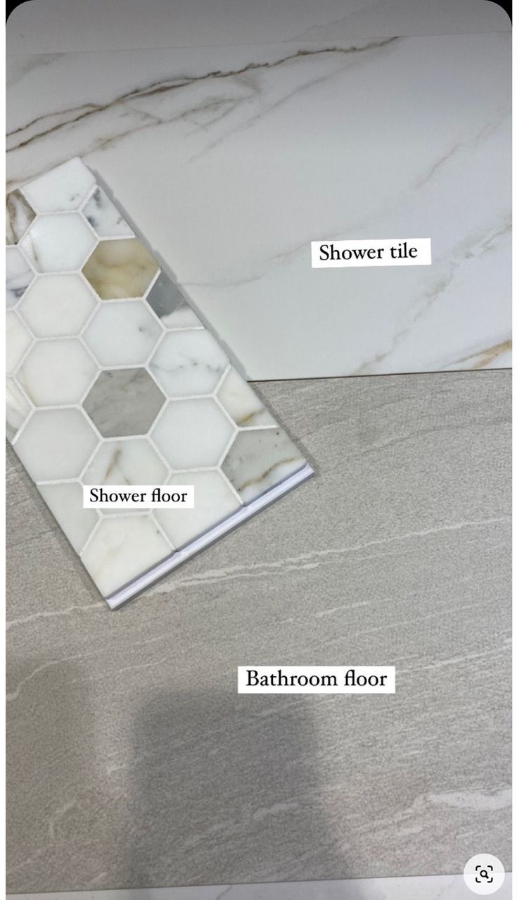 the different types of tile are shown in this graphic above it is an image of bathroom floor, shower tile, and bath room floor