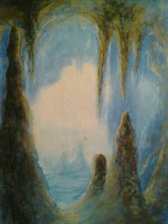 an oil painting of some trees in the middle of a body of water with two people standing on it