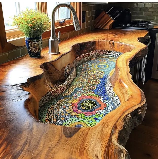 the sink is made out of wood and has a colorful design on it's side