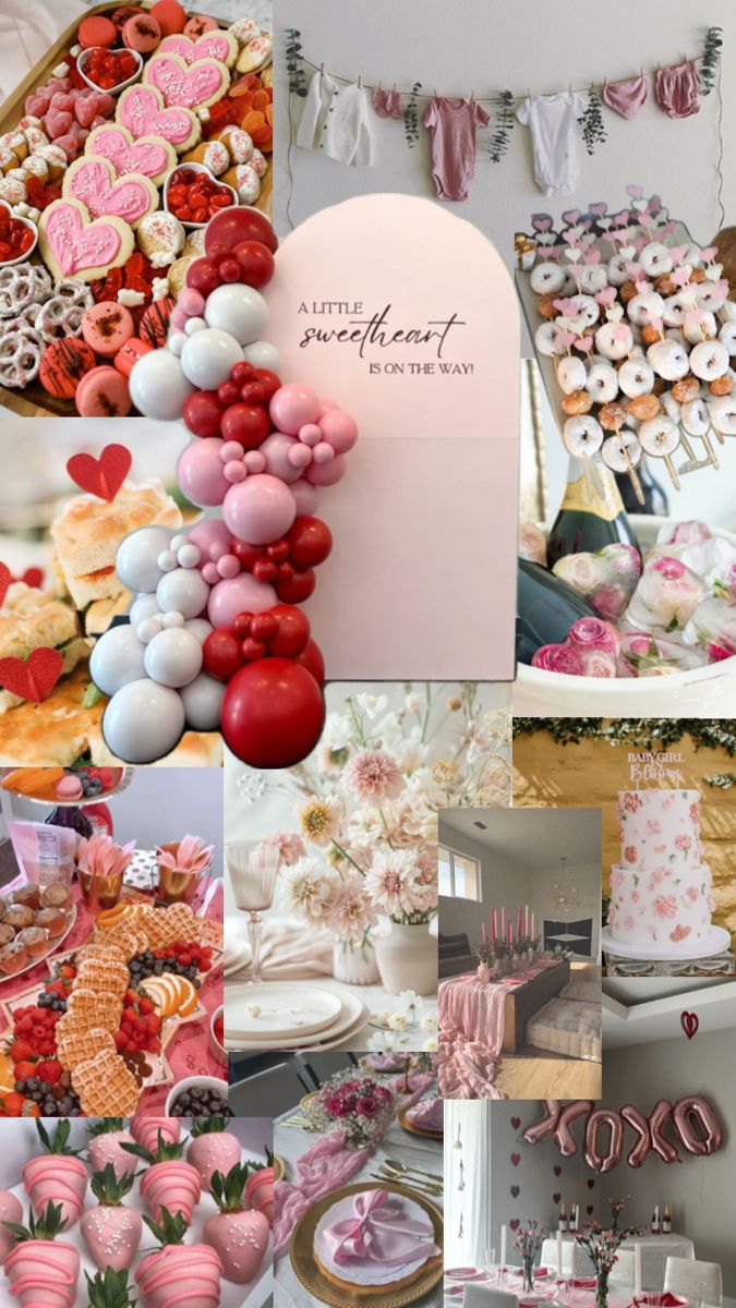 a collage of pink, white and red desserts with hearts hanging from the ceiling