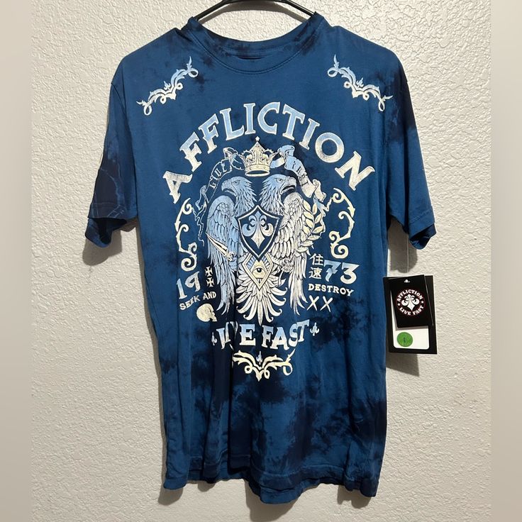 Me To 100% Cotton Blue Band Merch Top With Sublimation Print, Blue Distressed T-shirt For Summer, Blue Distressed Graphic Tee, White Affliction Shirt, Sinful Affliction, Affliction Shirts, Affliction Shirt, Blue Distressed Short Sleeve T-shirt, Blue Affliction Shirt