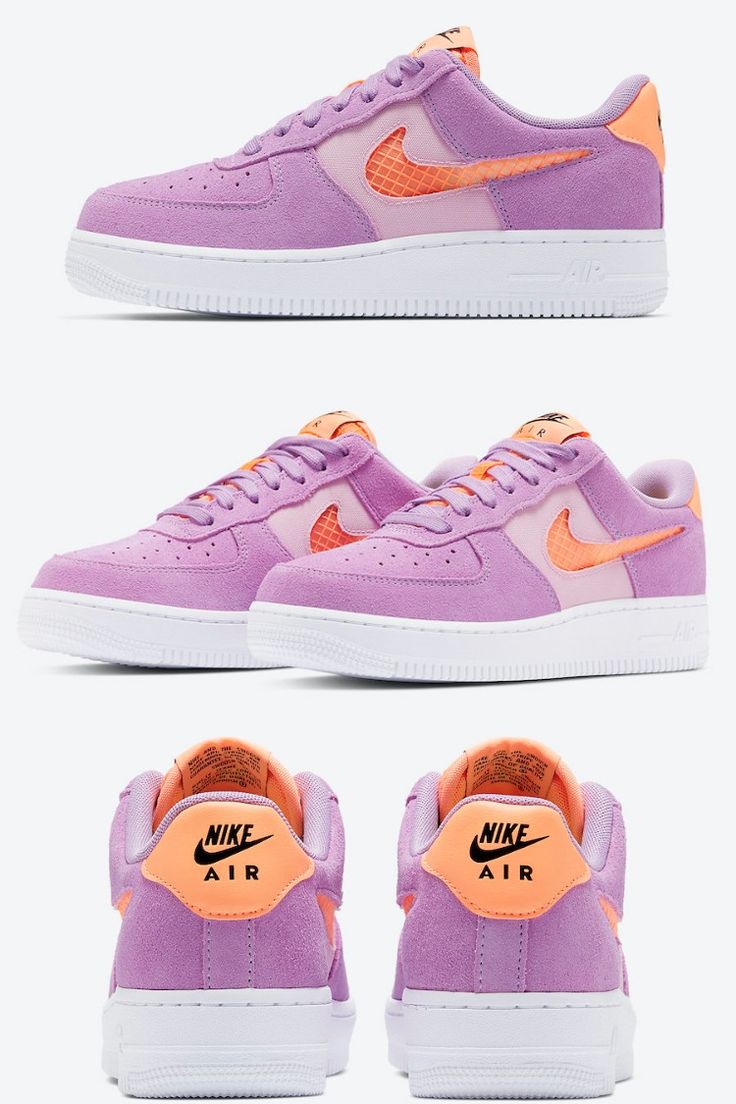 Nike’s latest cut-out Swoosh rendition of the Air Force 1 has arrived in a brand new “Violet Star” colorway. Dressed in a Violet Star, Orange Pulse, Light Arctic Pink, Black, and Ghost Green color scheme. This Nike Air Force 1 comes constructed with mesh panels, suede overlays, and leather heels. Its signature cut-out Swooshes on the sides, Green insoles atop a White rubber sole completes the design. #airforce1 Nike Orange Sneakers With Contrast Sole, Purple Nike Air Force 1 Lace-up With Branded Insole, Nike Air Force 1 Orange High-top, Orange High-top Nike Air Force 1 For Streetwear, Orange Nike Air Force 1 Lace-up With Branded Insole, Green Color Schemes, Pink Sneakers, New Sneakers, Air Force 1