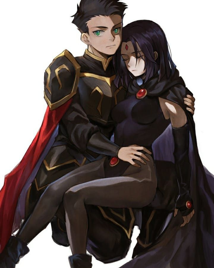 two people dressed in black and red sitting next to each other with their arms around one another