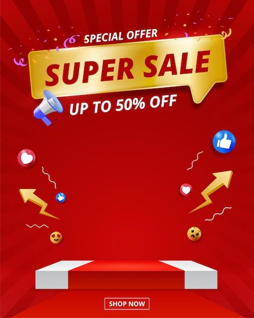 a red and gold sale banner with the words super sale up to 50 % off