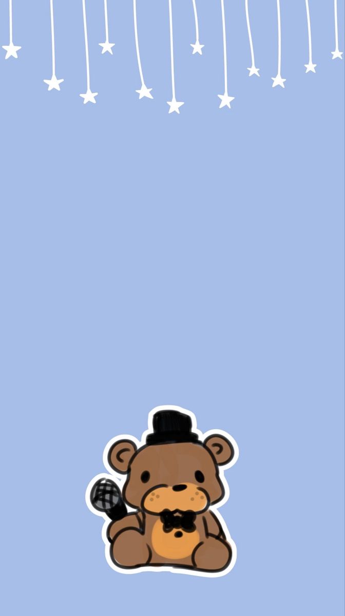 a brown teddy bear sitting on top of a blue floor next to stars and clouds