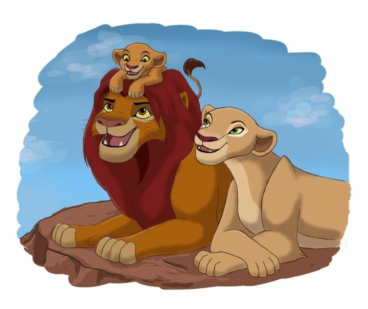 the lion king and his cub are sitting on top of each other