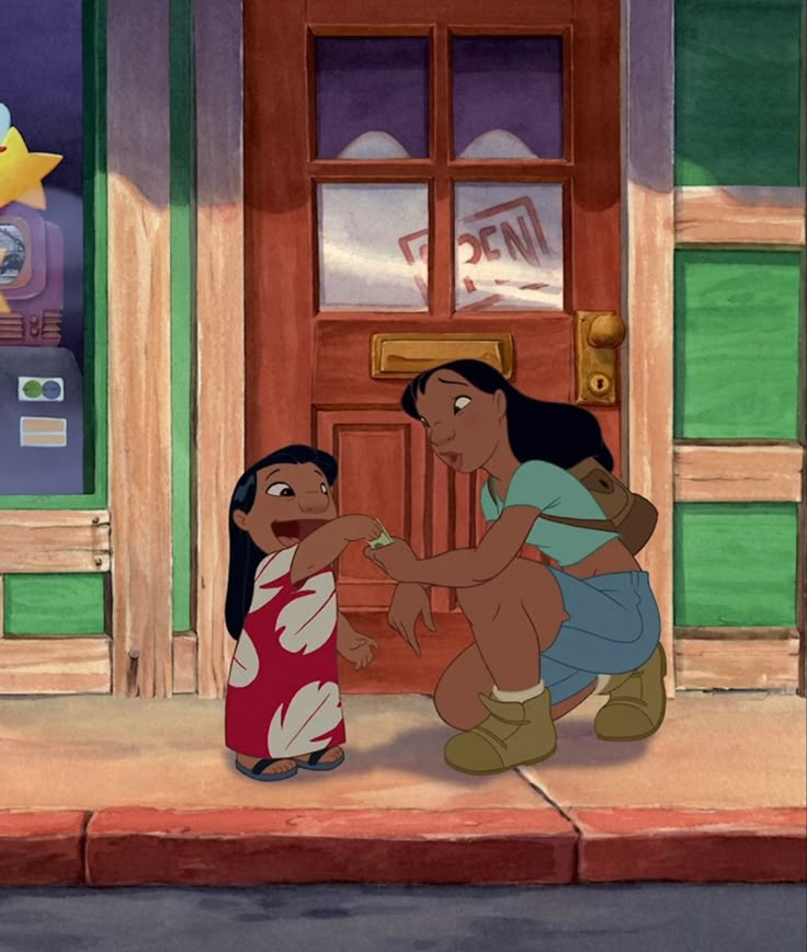 the princess and the frog are talking to each other in front of a building with an open door