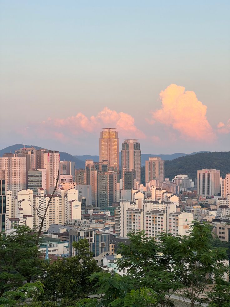 the city is full of tall buildings and trees in front of it, with mountains in the background