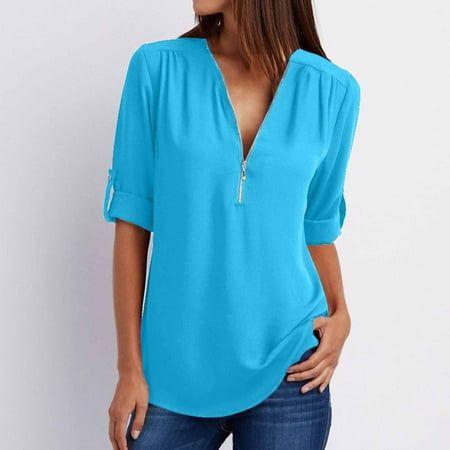 clearance Store,under $10 Clothes StoreClick Here Usmixi Womens Tops Casual Quarter Zipper Plus Size Lightweight Chiffon Shirts Summer Cute Solid V-Neck Short Sleeve Blouses Sky Blue XL  Features:Women's Top Shirt,Tee Shirts,Short Sleeve,V-Neck,Solid,Fashion,casual style,soft and stretchy, flowy , comfortable to wear. Simple design make it fashion forever.  Comfy Material:This casual top is made of 95% Rayon plus 5% Spandex, it is very soft,comfortable,stretchy and light-weight.The loose t-shirt Cyan Color, Ladies Outfits, Zipper Blouse, Tops For Ladies, Cozy Coats, Leggings Shorts, Casual Tunics, Plain Blouse, Women's Blouses