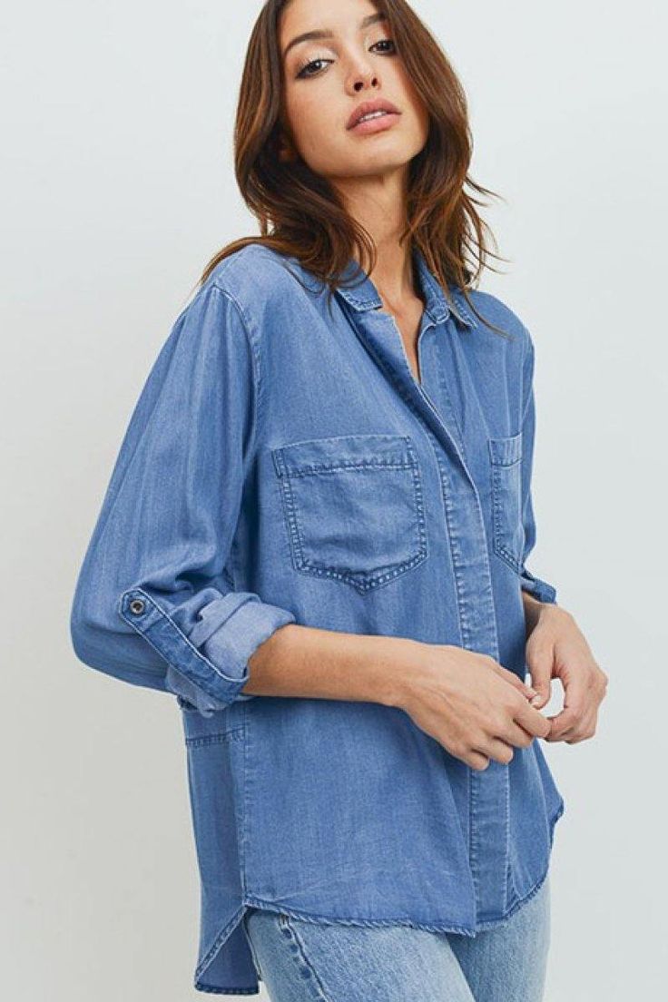 Dress Tops | Shop Chic Women's Affordable Dressy Tops | The Wild Calla – The Wild Calla Jean Shirt, Women's Button Down Shirt, Chambray Top, Long A, Denim Button Down, Tube Dress, Collar Shirt, Boho Tops, Collar Shirts