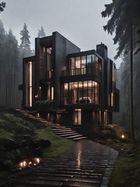 a house in the woods with stairs leading up to it's windows and lights