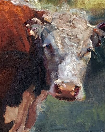 an oil painting of a cow looking at the camera