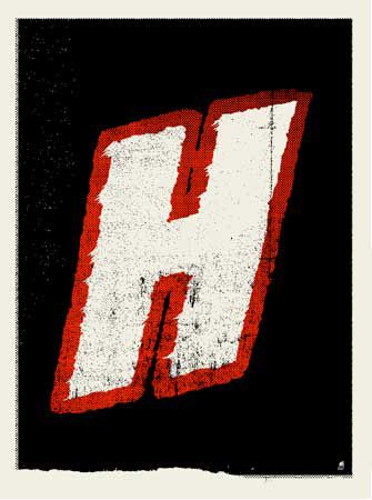 the letter h is made up of red and white paint on black paper with an old - fashioned effect