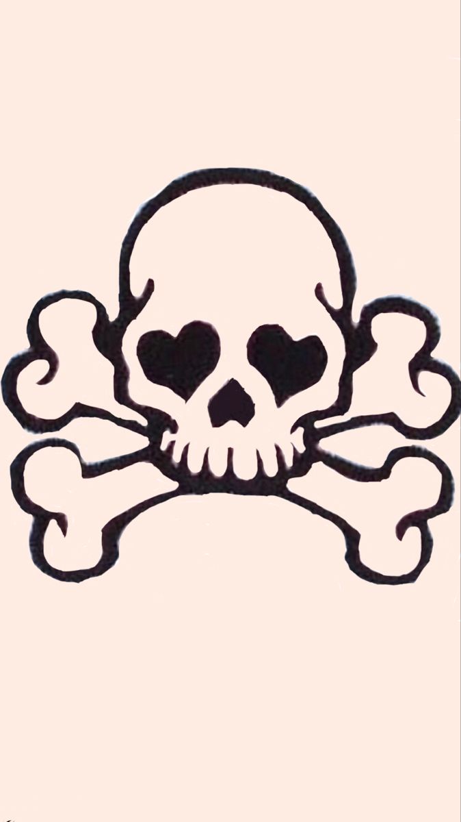 a drawing of a skull and crossbones with hearts on it's side