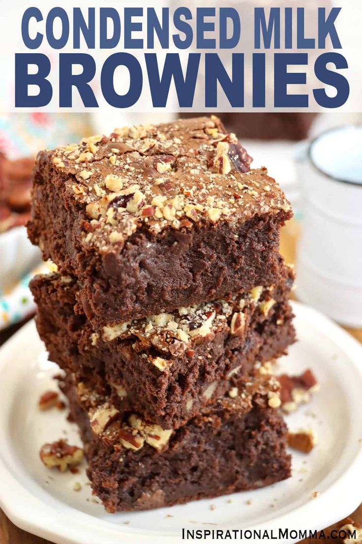 three chocolate brownies stacked on top of each other with the title text overlay