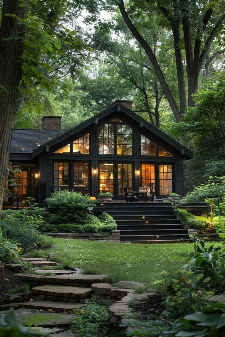 a house in the woods with steps leading up to it