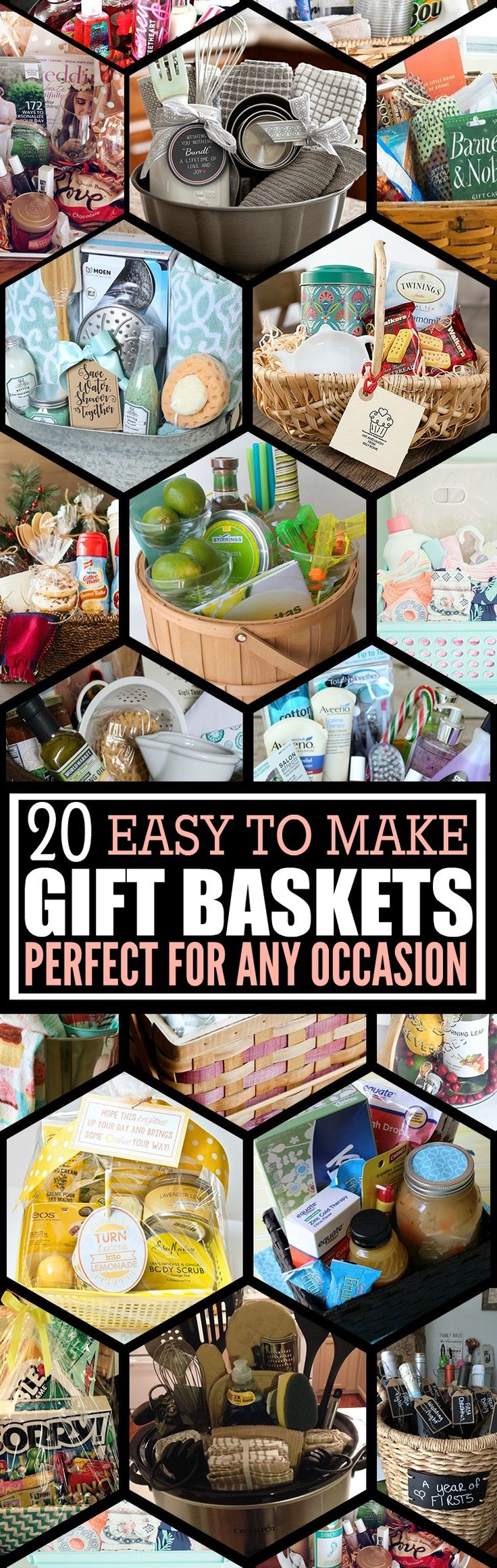 many different baskets are shown with the words 20 easy to make gift baskets perfect for any occasion