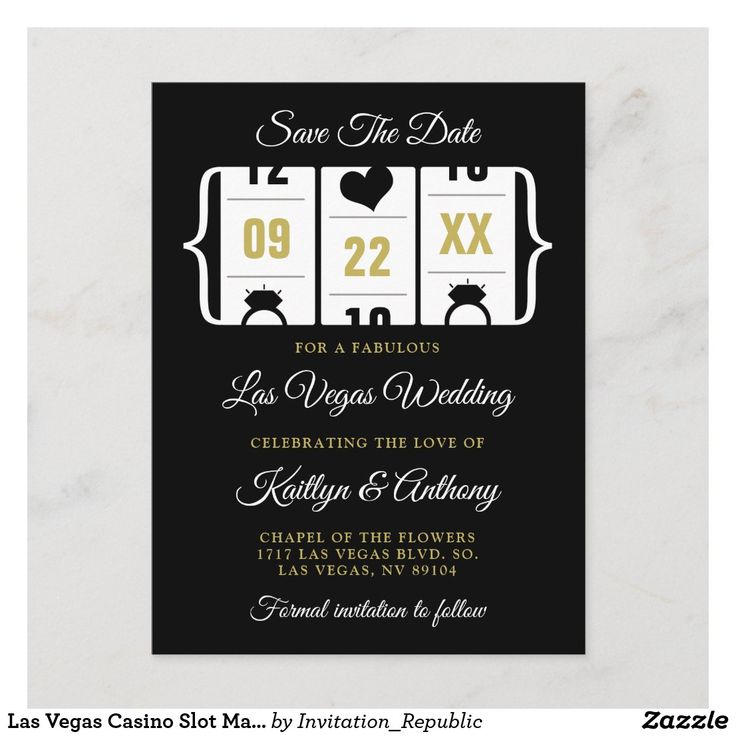 casino wedding save the date card with black and white background, featuring two slot machines