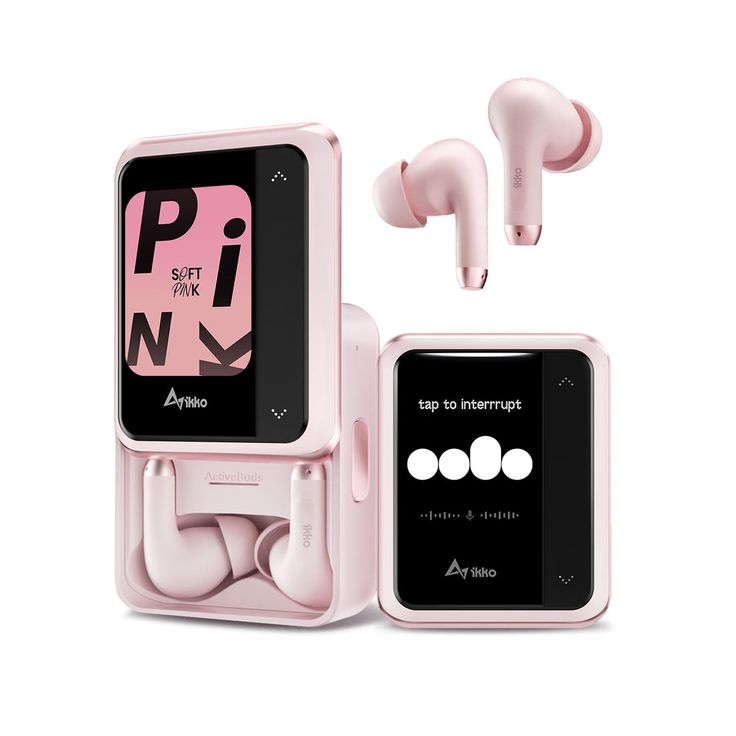 the pink earbuds are next to an mp3 player with headphones on it