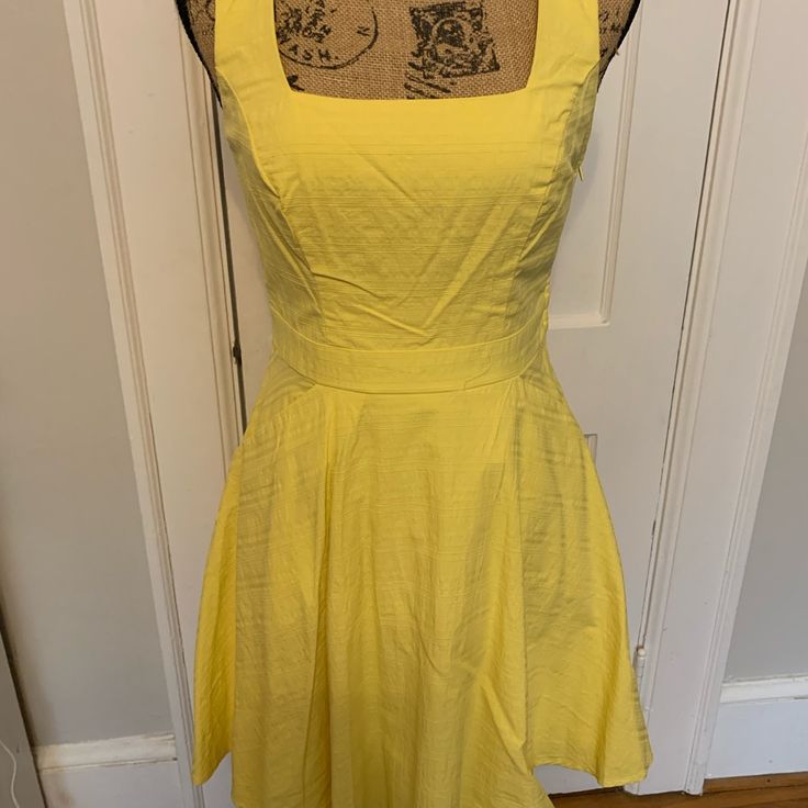 Never Worn, Still Has Tags ,Yellow Dress With Pockets Yellow Lined Fitted Midi Dress, Yellow Lined Midi Dress For Summer, Yellow Fitted Lined Midi Dress, Yellow Fitted Midi Dress With Lining, Yellow Fitted Midi Dress, Lined, Yellow Lined Midi Dress, Chic Yellow Lined Midi Dress, Chic Yellow Cotton Sundress, Yellow Square Neck Summer Midi Dress