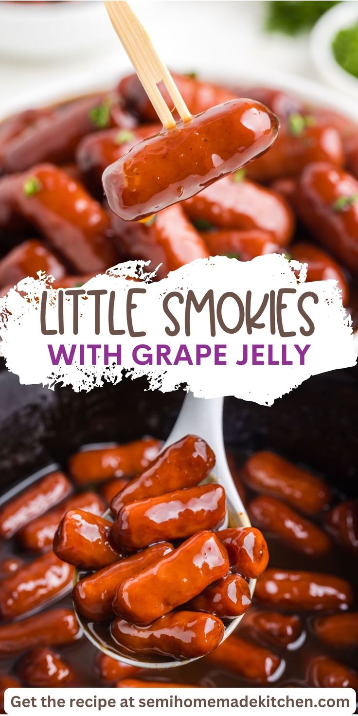 a spoon full of little smokies with grape jelly on it and the title overlay reads, little smokies with grape jelly