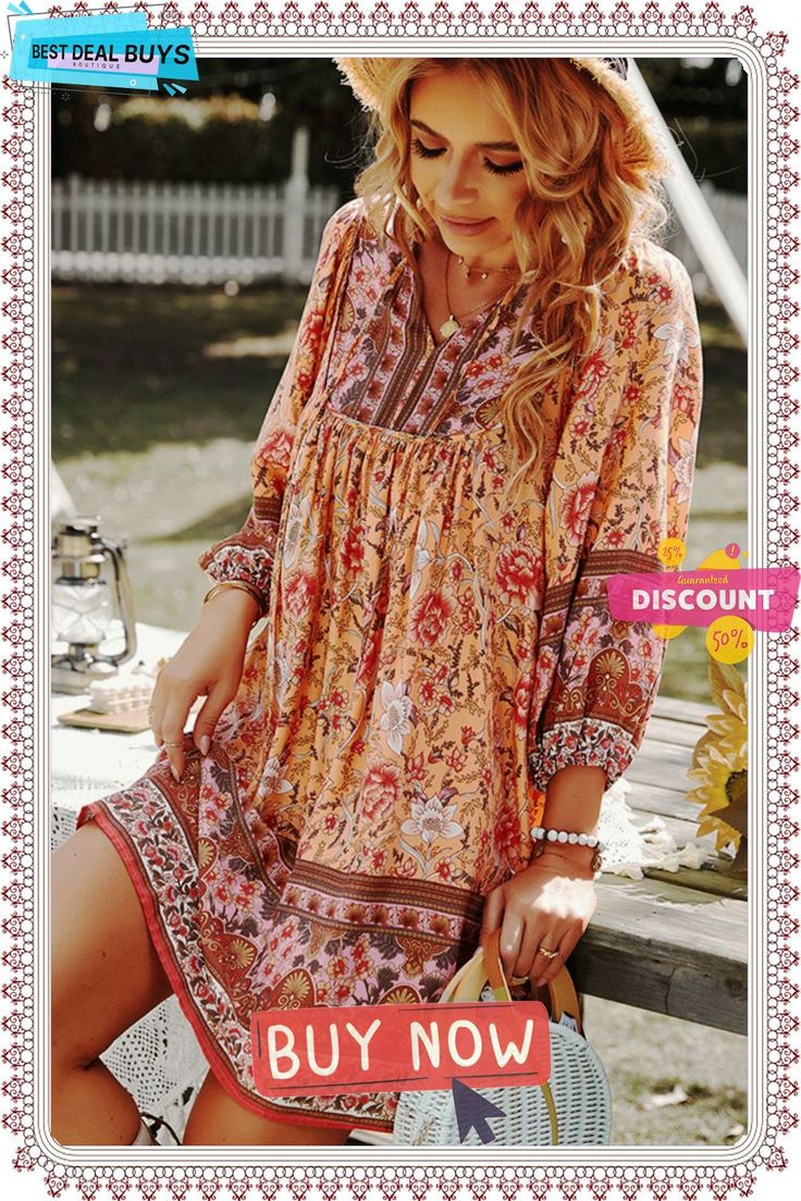 Bohemian Tie Neck Balloon Sleeve Mini Dress Hippie Boho Tunic Dress With Floral Print, Bohemian Spring Dresses With Paisley Print, Long Sleeve Boho Dress With Floral Print, Bohemian V-neck Dress With Vintage Print, Fall Bohemian Boho Dress For Vacation, Bohemian Fall Vacation Dresses, Fall Bohemian Vacation Dresses, Fall Vacation Bohemian Dresses, Hippie Paisley Print Dress For Spring