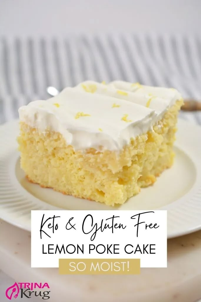 a piece of lemon poke cake on a plate with the words, kit and option free