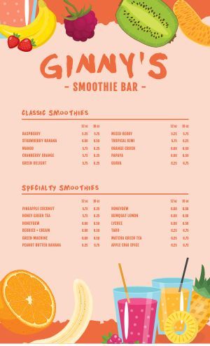 the menu for person's smoothie bar with fruit and juices on it