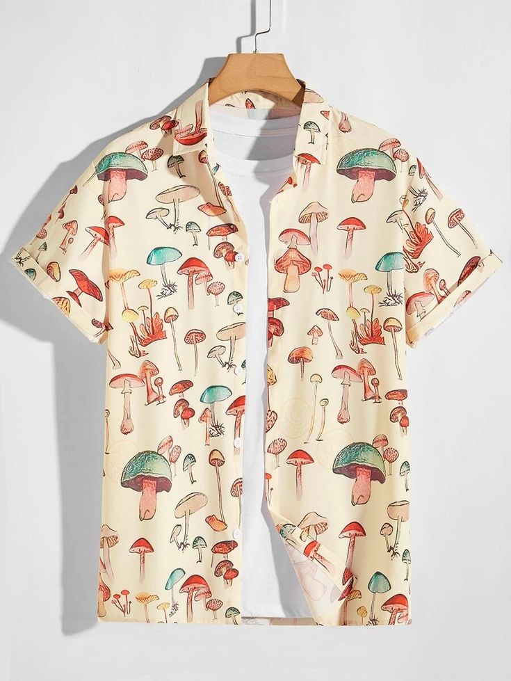 Men Mushroom Print Button Up Shirt | SHEIN USA Mushroom Outfit, Funky Shirts, Printed Shirts Men, Mushroom Print, Cool Buttons, Men Shirts, The Men, Button Up Shirt, Shirt Outfit