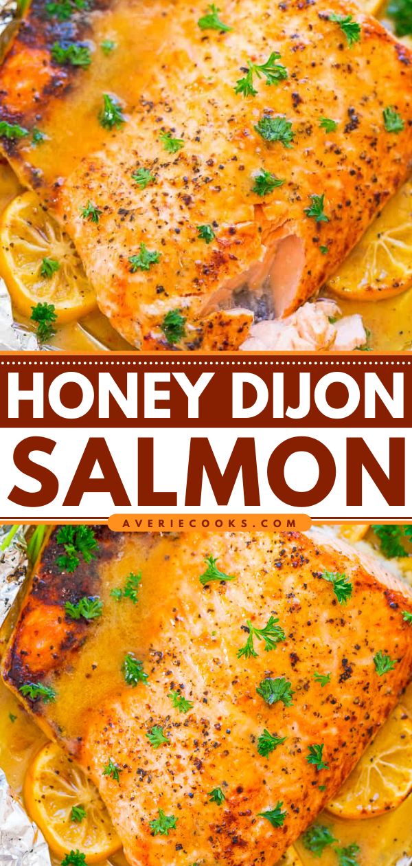 honey dijon salmon with lemons and parsley on top