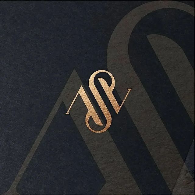 the letter s is made up of gold and black letters on a dark background with an elegant monogram pattern