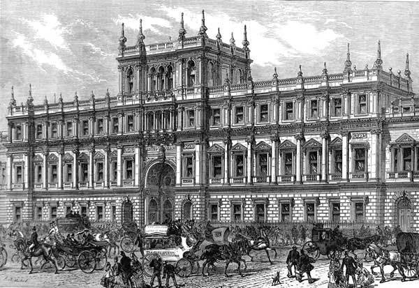 an old black and white drawing of a horse drawn carriage in front of a large building