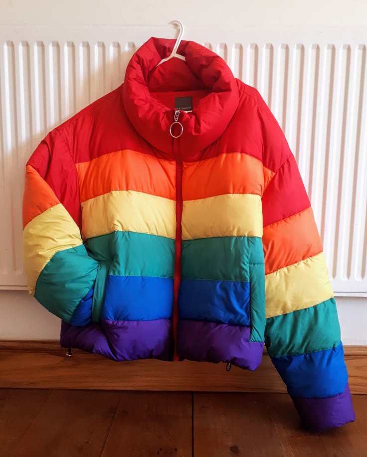 AaaH, Rainbows. I can never get over them. I went all the way to Primark in Central London just to get this jacket! Thanks to the girl that posted herself wearing one on Instagram! So glad I did! Rainbow Puffer Jacket, Rainbow Outfit Aesthetic, Rainbow Coat, Rainbow Jacket, Get Over Them, Rainbow Clothing, Kawaii Sweater, Rainbow Clothes, Drag Queen Outfits