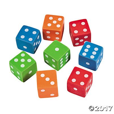 six different colored dices with white dots on them