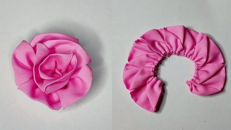 two pictures of the same hair scrunch, one with a pink flower on it