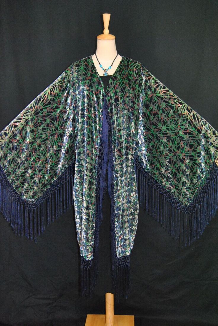 Classic Blue Green Burnout Velvet Eastern Fringe Hippie Kimono Jacket Duster Bohemian Blue Cape Outerwear, Bohemian Blue Cape-style Outerwear, Blue Cape Outerwear For Spring, Blue Cape For Fall, Blue Fall Cape Outerwear, Velvet Fringe, Wedding Coat, Burnout Velvet, Long Fringes