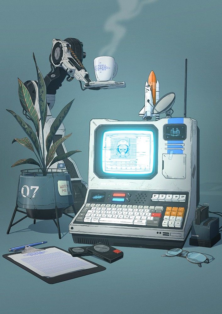 an old computer sitting on top of a table next to a plant and other items