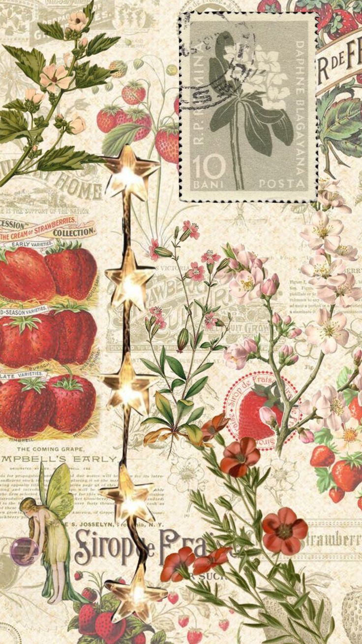 a bunch of flowers and plants on a sheet of paper with postage stamps in the background