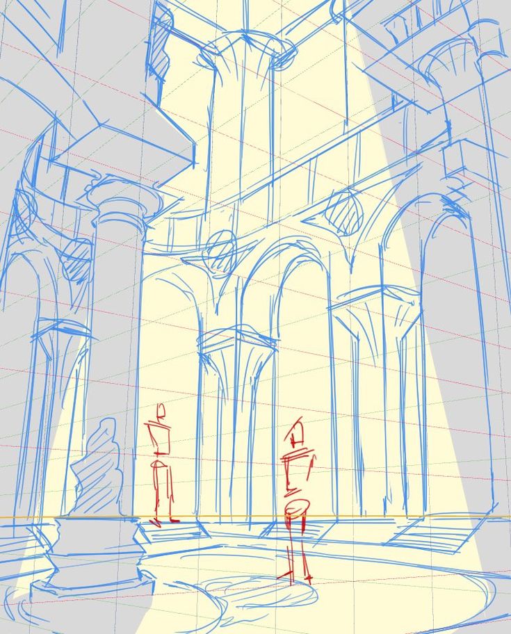 a drawing of two people standing in front of a building with columns and arches on it