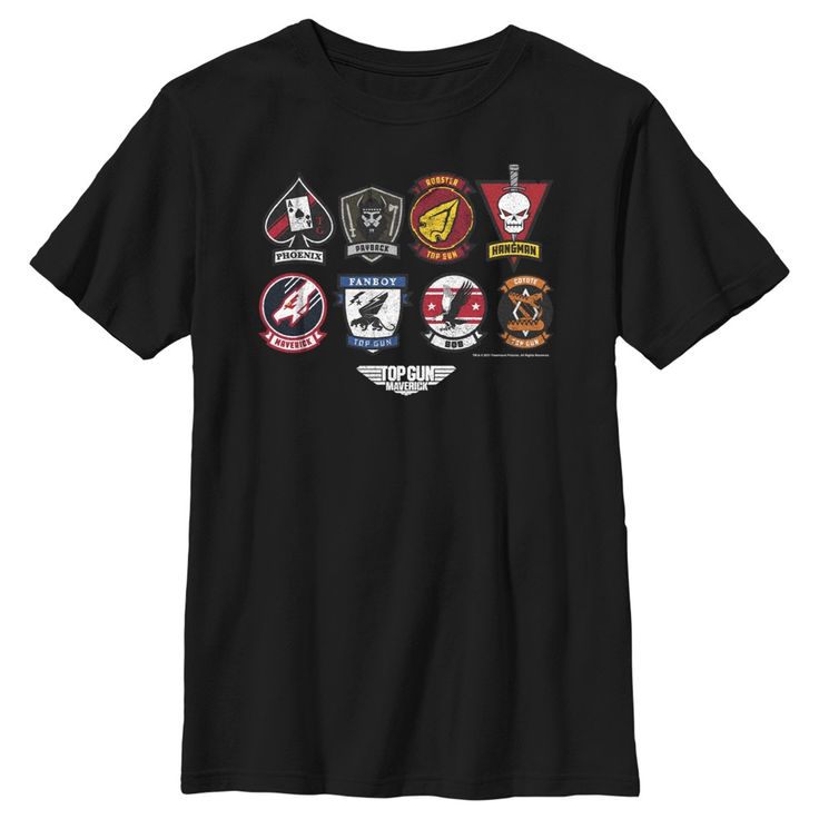 Get ready to return to the USS Enterprise Naval Air Station with Maverick and Iceman with this officially licensed Top Gun: Maverick Codename Patches Boys' Tee! This design features the codenames of your new favorite characters, such as Phoenix, Rooster, and others. Watch in style as Maverick and his fellow pilots soar through the skies and fight for the US Navy in this exhilarating new movie! Graphic Tee With Logo Emblem And Short Sleeves, Black Logo Emblem T-shirt, Black Short Sleeve T-shirt With Logo Emblem, Black Short Sleeve Tops With Logo Emblem, Black Short Sleeve Top With Logo Emblem, Graphic Tee With Logo Emblem, Black Tops With Logo Emblem For Streetwear, Themed Black Crew Neck T-shirt, Themed Black T-shirt For Fan Conventions