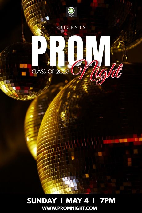 a poster for prom night with shiny disco balls