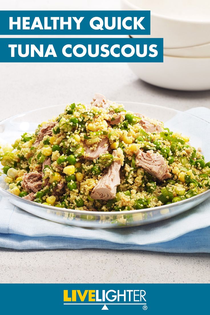 healthy quick tuna couscous recipe with broccoli and corn in a bowl