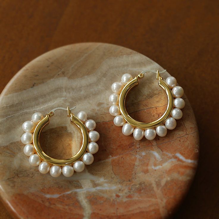 Circle Pearl Hoop Earrings Gold Vermeil - House Of Pearls Copper Plating, Perfect Circle, Chanel Earrings, A Perfect Circle, Pearl Hoop Earrings, Trendy Earrings, Classic Gold, Unique Gemstones, 925 Silver Jewelry