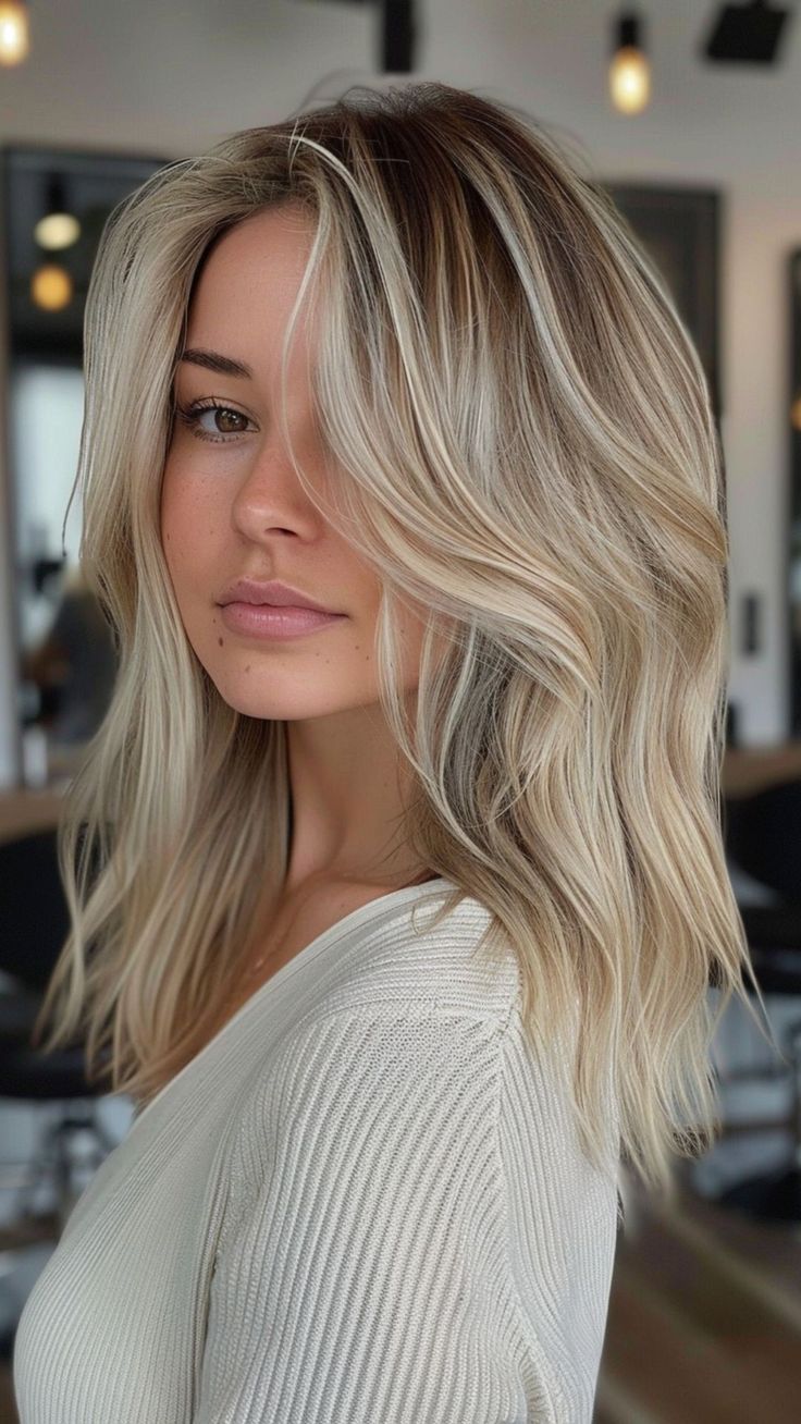 25 Platinum Blonde Hair Color Ideas for the Fashion-Forward Platinum Blended Roots, Blonde Balayage Hair Medium Length, Blonde Balayage Hair Color Ideas, Blond Hair With Root Shadow, Blond Hair Root Shadow, Fall Blonde Straight Hair, Blonde Hair With Grown Out Roots, Lives In Blonde Balayage, Short And Blonde Hair