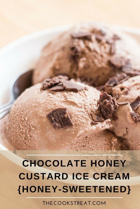 two scoops of chocolate honey custard ice cream in a white bowl with the words, chocolate honey custard ice cream honey - sweetened