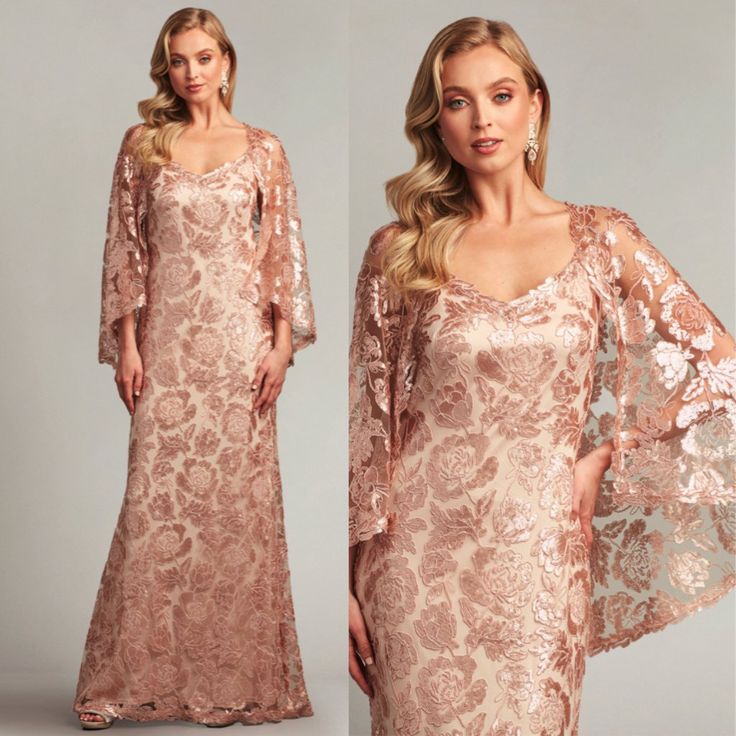 Nwt Tadashi Shoji Dress All Over Sequin Lace Fabrication Sheath Silhouette V-Neckline Capelet Sleeve Overlay Fully Lined Center Zip Back Closure Approx. 63" In Length From Shoulder To Hemline Polyester/Nylon Color Pebble Elegant Pink Gown With Floral Embroidery, Pink V-neck Dress For Mother Of The Bride, Festive Bridesmaid Evening Dress, Pink Floral Embroidery Evening Dress For Formal Occasions, Long Sleeve Pink Lace Evening Dress, Pink Lace Long Sleeve Evening Dress, Pink Long Sleeve Lace Evening Dress, Pink V-neck Mother Of The Bride Dress, Pink Long Sleeve Mother Of The Bride Dress